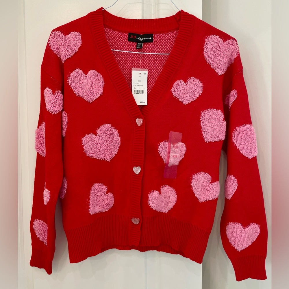 33 Degrees Red Cardigan with Pink Heart Patterns